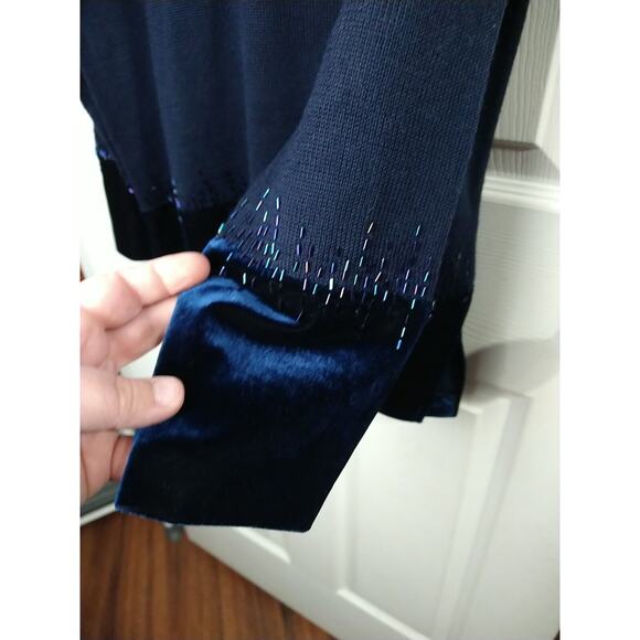 Alfred Dunner Woman L Sweater Blue Beaded Velvet Trim Pullover Tunic Wool Blend - Picture 7 of 8
